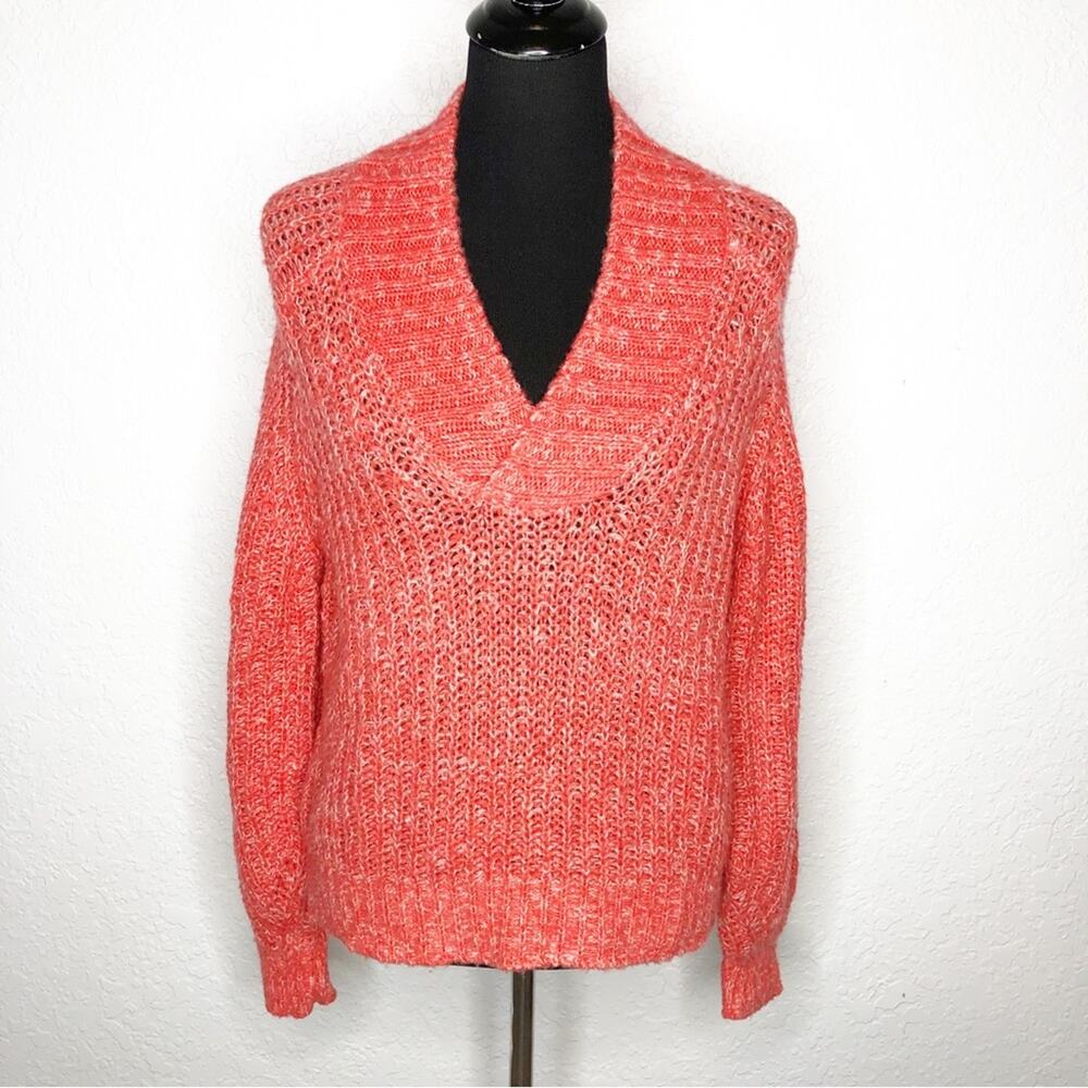 Anthropologie coral orange chunky knit v neck wool blend sweater size Small